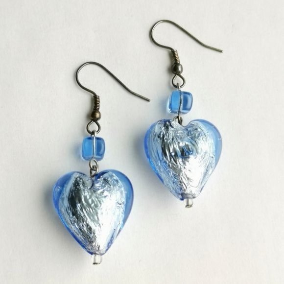 VINTAGE 90's Murano Blue silver foil hearts dangle drop earrings - Picture 1 of 5